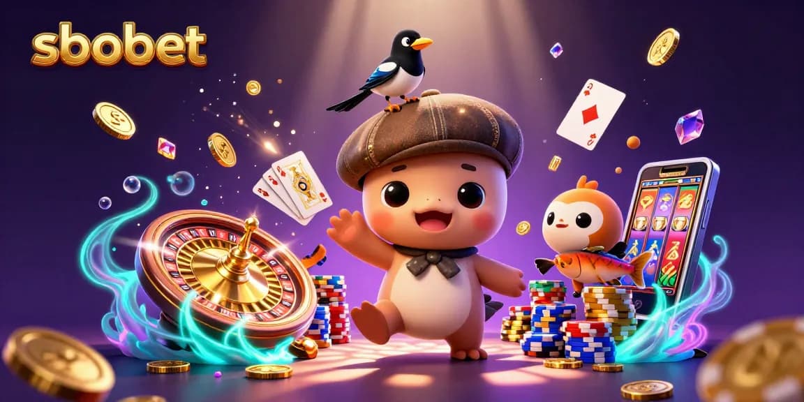 SboBet's playful charm shines with Nessie in a casino scene, capturing the thrill of winning.