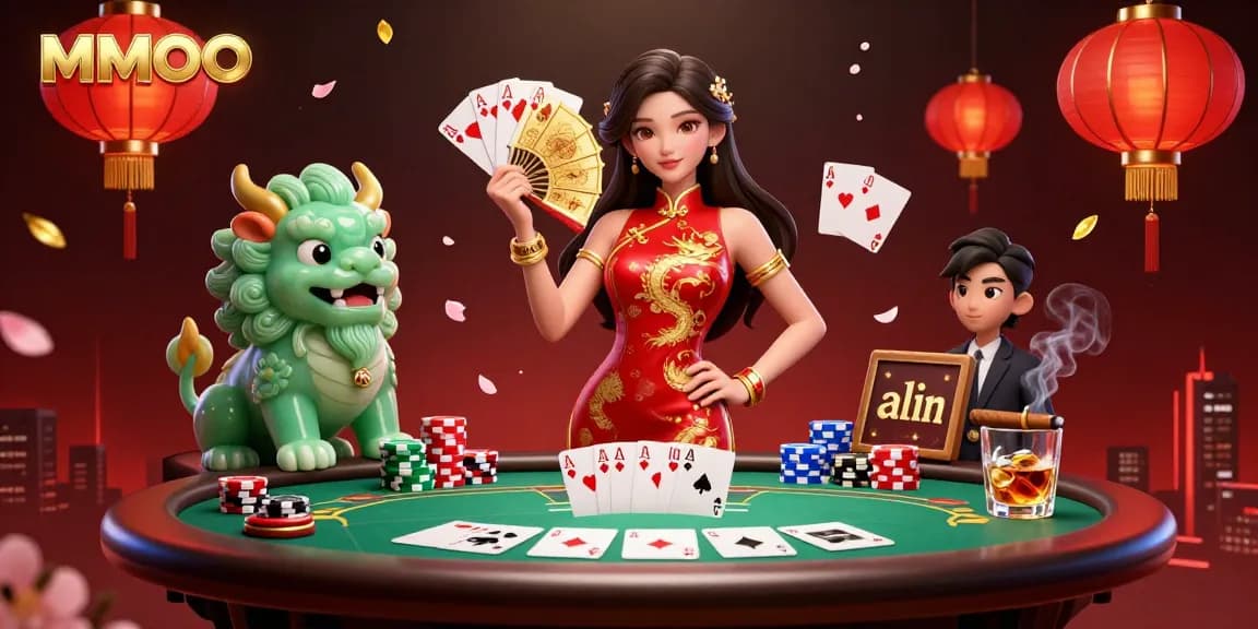 Experience MMOO's vibrant casino atmosphere with an elegant woman in qipao by the poker table.