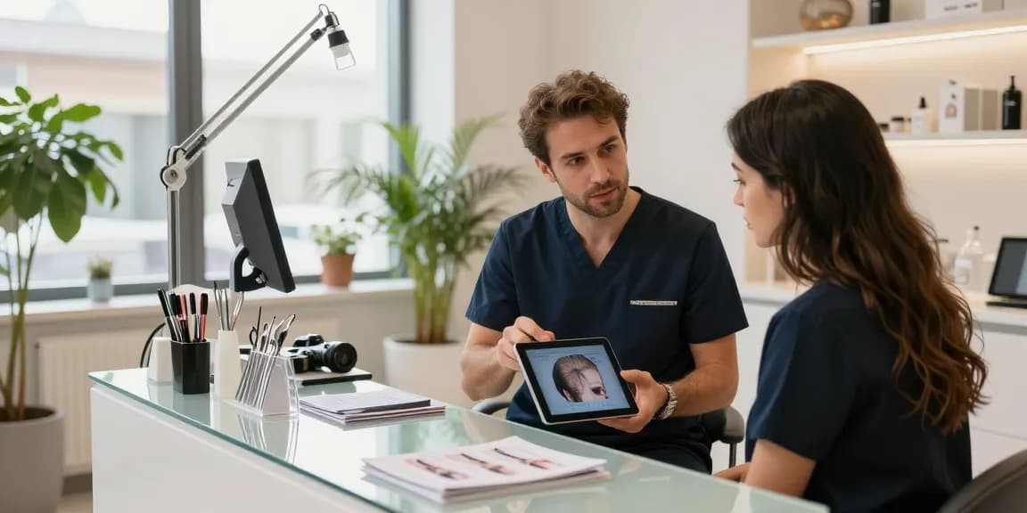 Consultation at a hair transplant clinic in Turkey, showcasing expertise in hair restoration techniques.