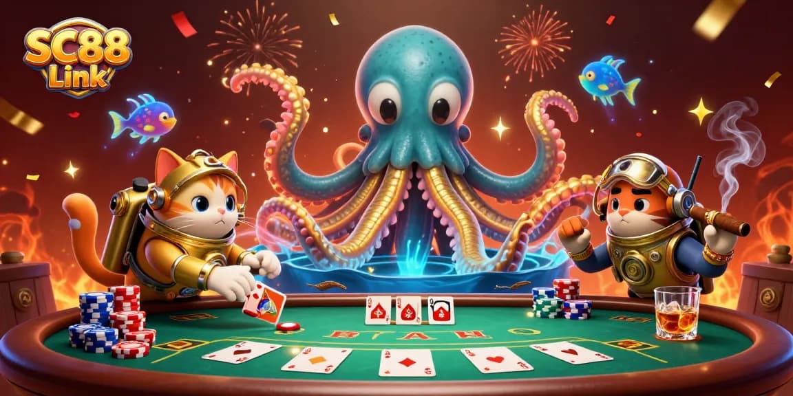 Engage in exciting poker action with SC88 Link amidst a treasure-filled scene featuring the kraken, diving cat, and poker elements.