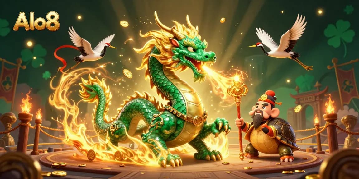 Engage with Alo8's thrilling online gaming experience featuring a jade dragon, lucky cranes, and dynamic casino elements.