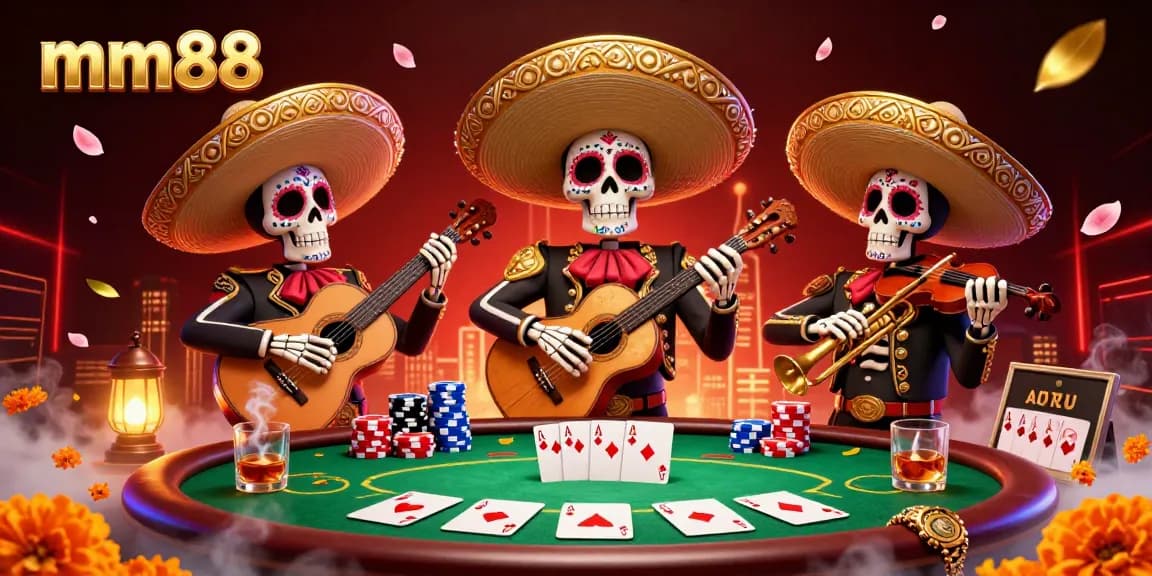 Experience immersive gaming fun at mm88 with a lively mariachi band amidst poker elements.