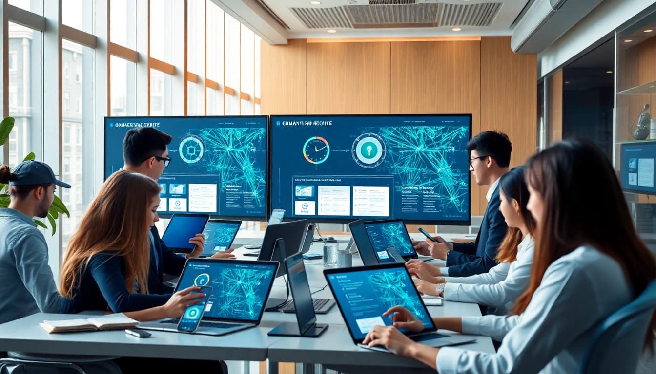 快连官网 showcasing a modern office environment with professionals using the app on multiple devices, highlighting its multi-platform support.