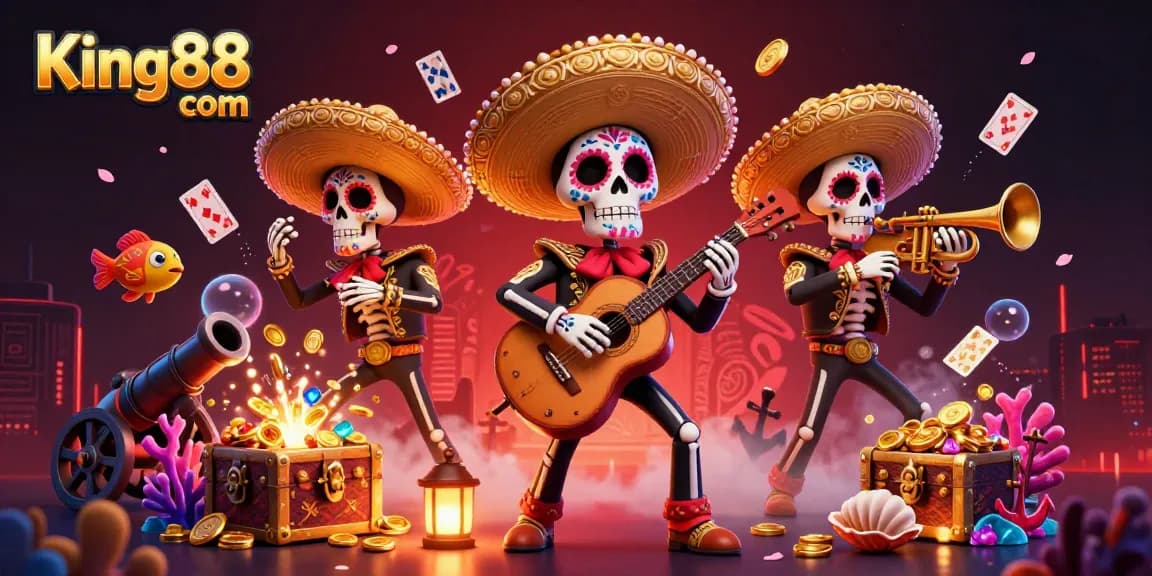 Engage with the vibrant King88 com scene featuring dynamic mariachi skeletons amidst rich casino elements.