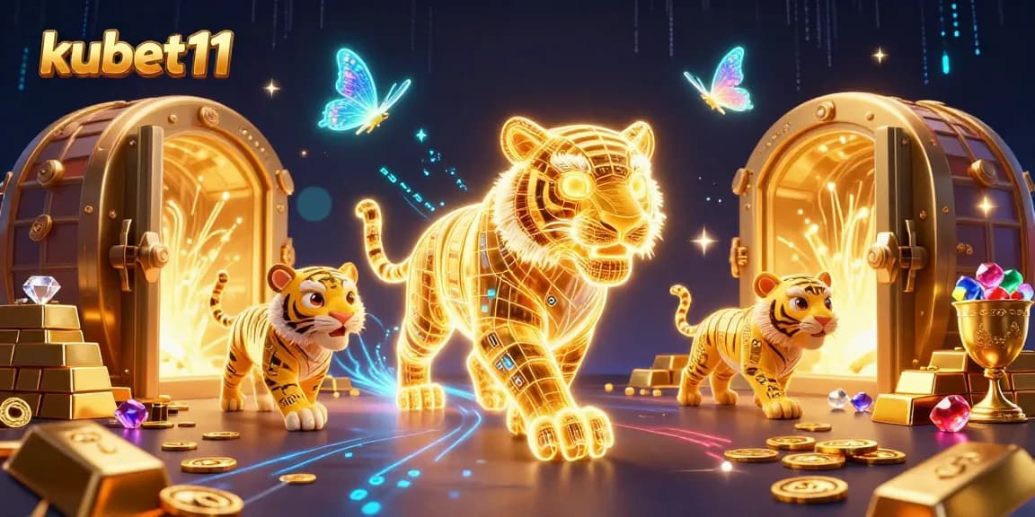 Win big at kubet11 with an energetic digital casino scene featuring a golden tiger and treasure!