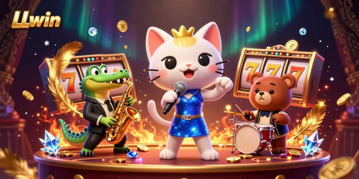 LLwin brings excitement to gambling with a vibrant casino scene featuring a jazzy cat, crocodile, and bear.