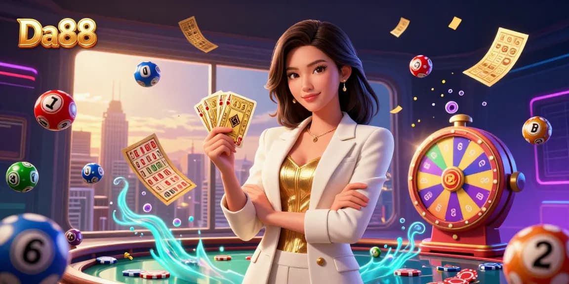 Experience thrilling gaming at Da88 with a powerful woman holding a golden deck of cards among vibrant casino elements.