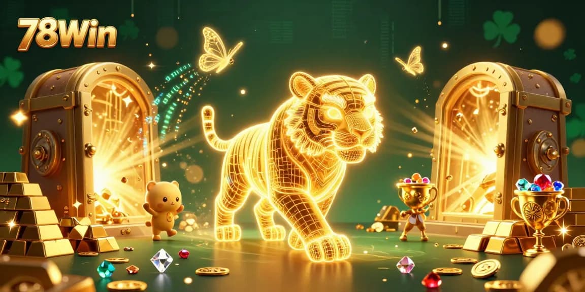 Experience thrilling gaming with 78Win's vibrant digital casino landscape featuring a golden tiger and treasures.