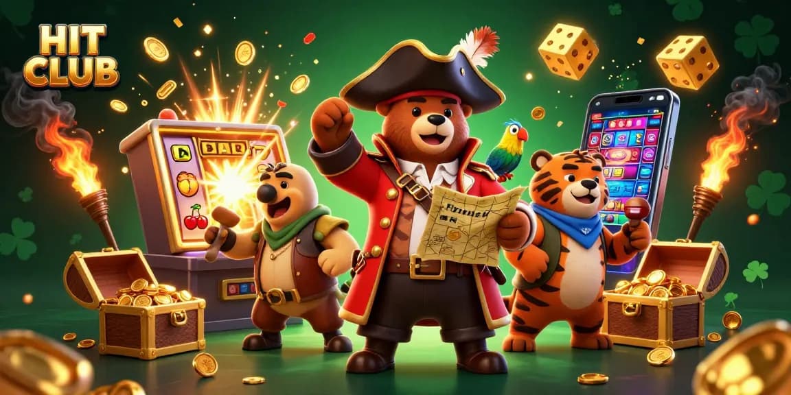 Play slots and win in the dynamic HIT CLUB illustration featuring a pirate bear and a tiger, surrounded by jackpots.