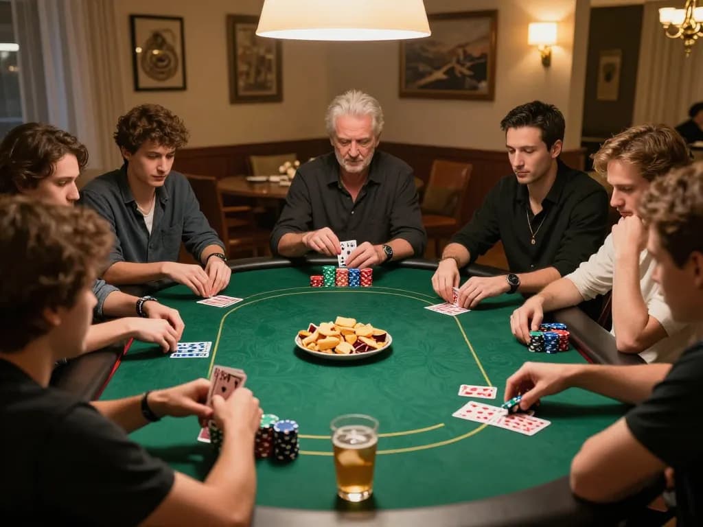 Engaged players strategizing at a high-stakes poker game, showcasing 88VV's thrilling atmosphere.