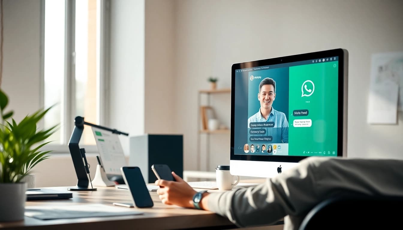 WhatsApp网页版 interface displayed on a modern desktop, showcasing seamless communication with a friendly user interaction.