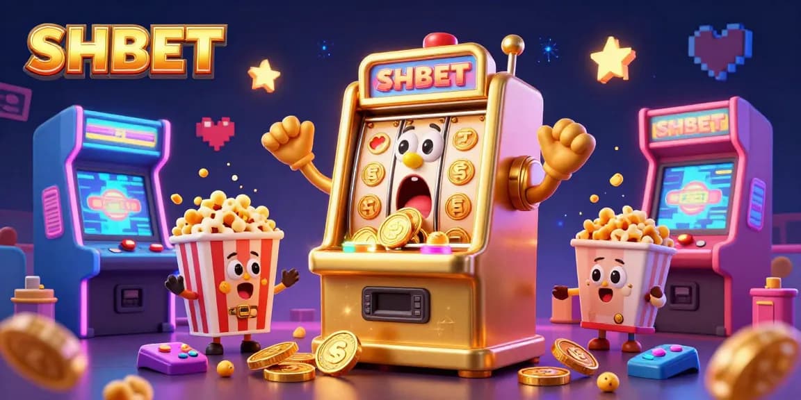 SHBET slot machine hits jackpot, surrounded by cheering characters in vivid casino scene.