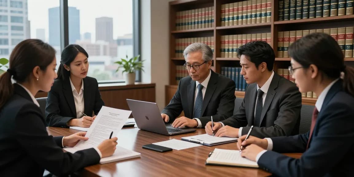 Team of lawyers at J.K. Chaudhary & Associates read review documents and engage in strategic discussions in a modern law office.