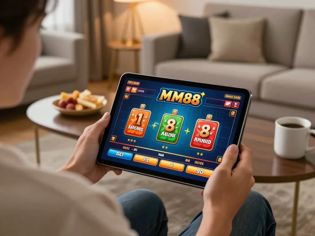 Engaged player using MM88 tablet app for online gambling in a cozy living room setting.