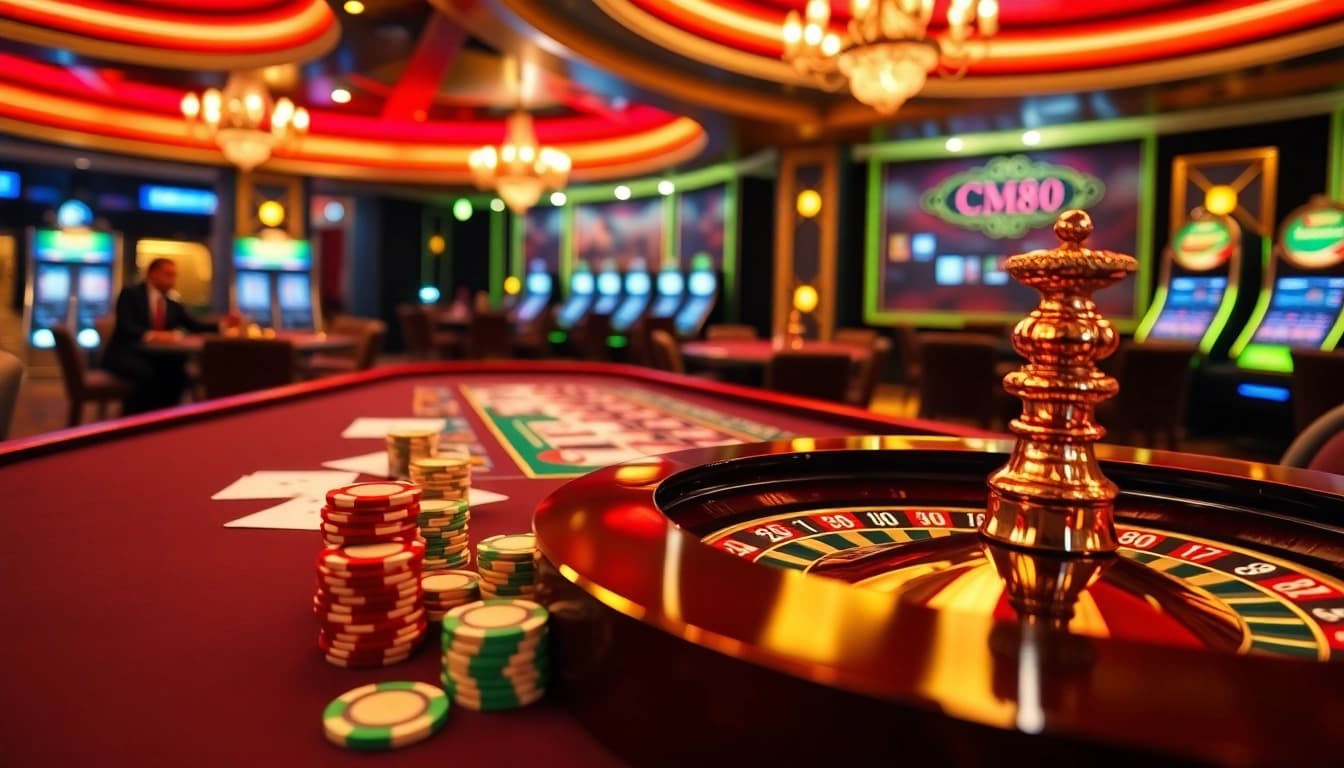 Engage in thrilling gambling at CM88's luxurious casino, featuring elegant tables and vibrant poker chips.