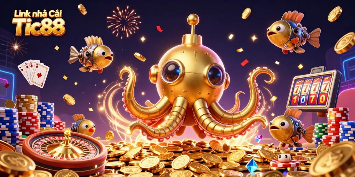 Win big at Link nhà cái Tic88 with a fun 3D golden kraken and casino games illustration.