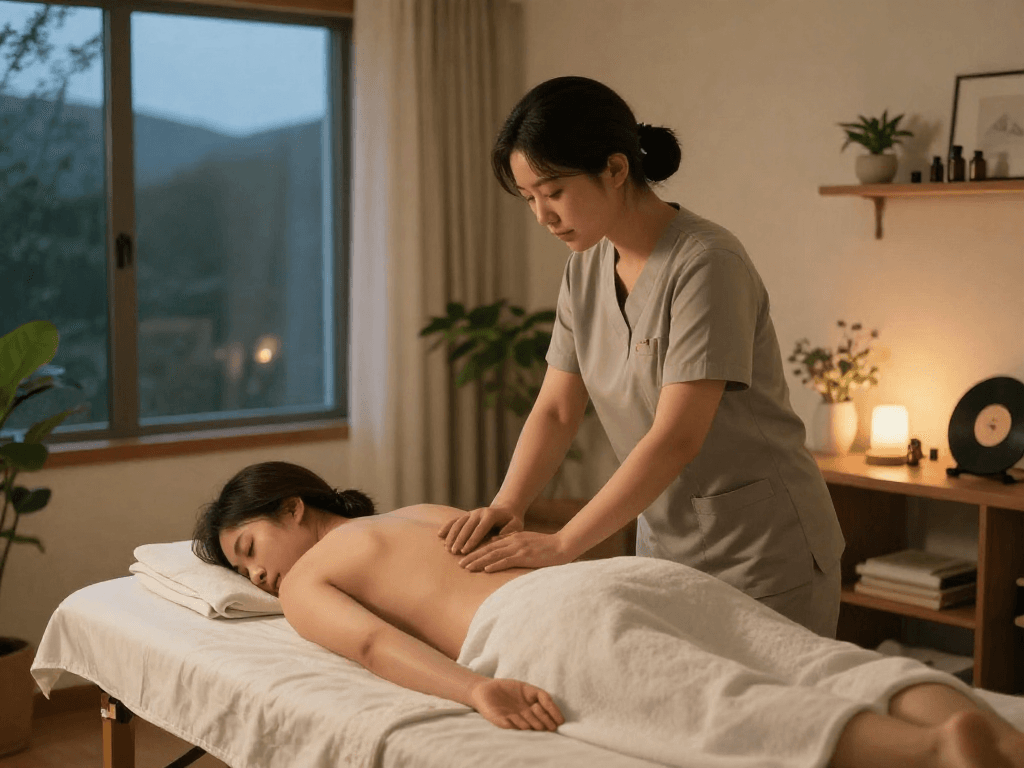 강남출장마사지 session in a serene home environment promoting relaxation and calm.