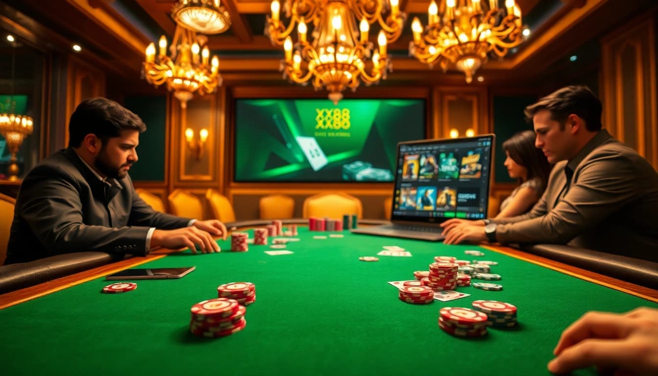 Players strategize at the poker table while using xx88.com for online betting.