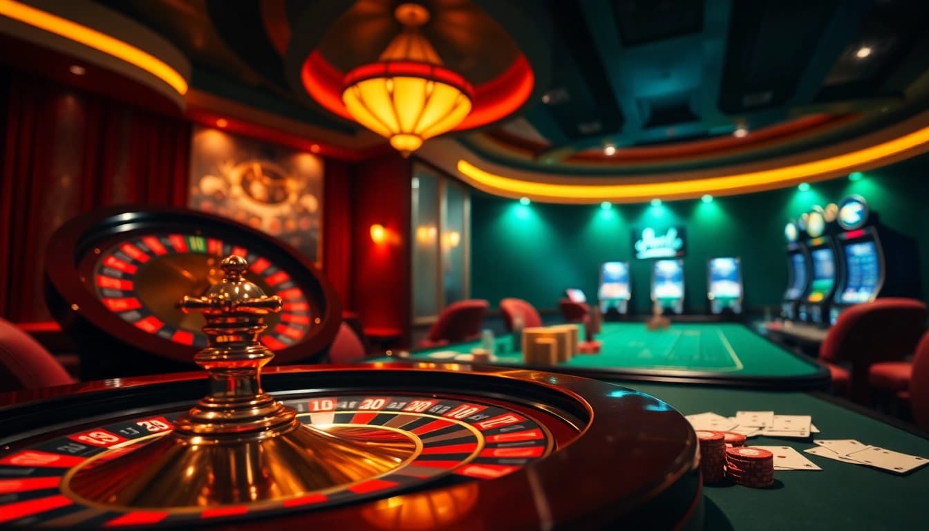 A dynamic casino scene showcasing players at a poker table and roulette wheel, inspired by https://c168seo.com/ for an exciting atmosphere.