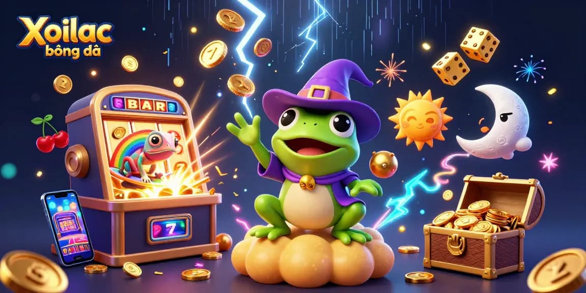 Xoilac bóng đá showcases a vibrant 3D illustration of a weather wizard frog amidst golden coins, symbolizing high-stakes excitement.
