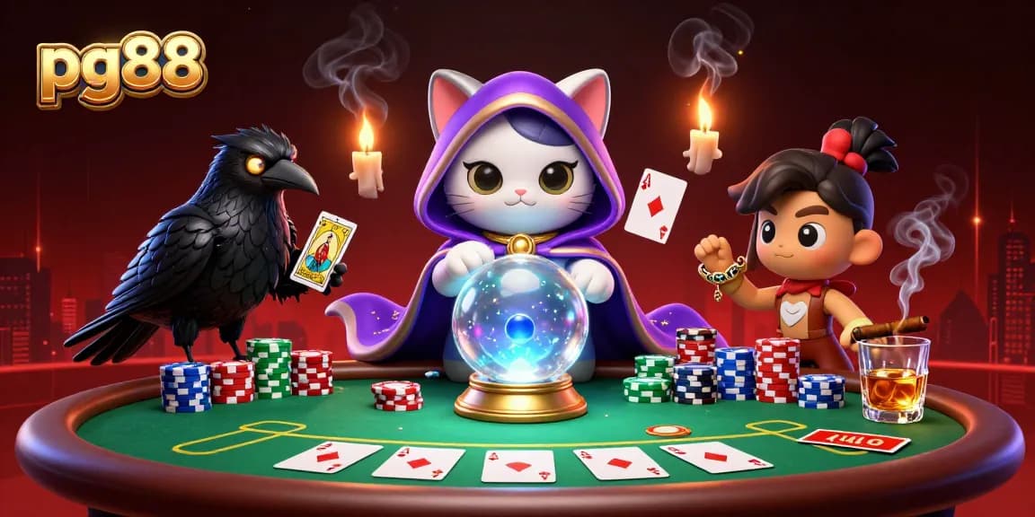 Experience thrilling poker actions at pg88 with fortune teller cat and vibrant casino elements.