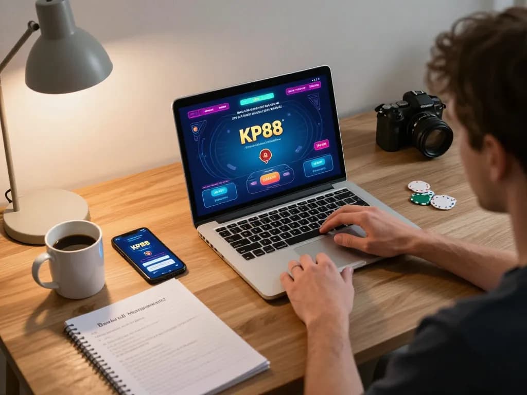 Engaged player enjoying poker on KP88 app at home, showcasing responsible gaming environment.