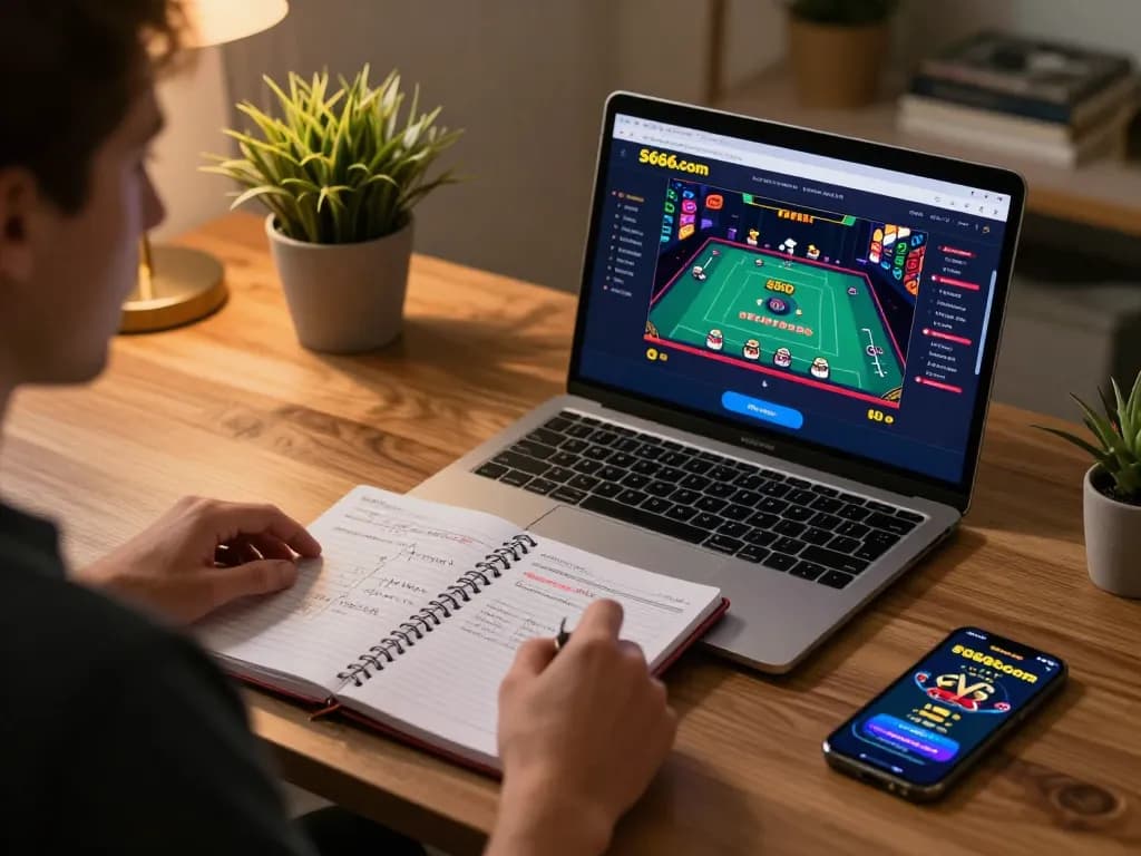 Engaging online gaming session on S666.com showcasing a player strategy notebook and casino interface.