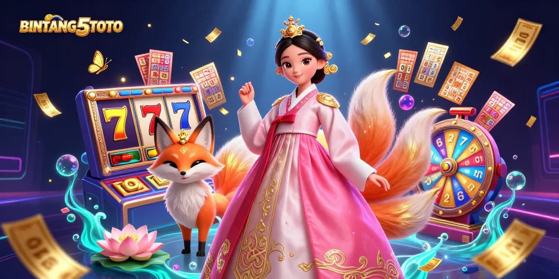BINTANG5TOTO showcases thrilling slot action with colorful reels, a graceful Asian woman, and luck-infused elements.