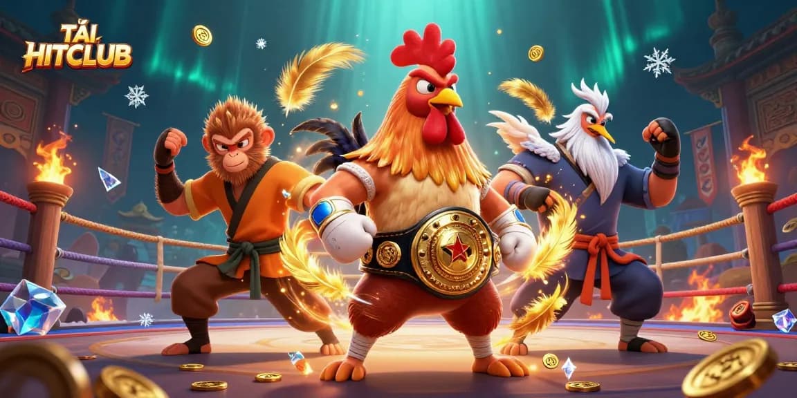 TẢI HITCLUB with Muay Thai rooster and Shaolin monkey in a vibrant gaming atmosphere, illustrating exciting gameplay.