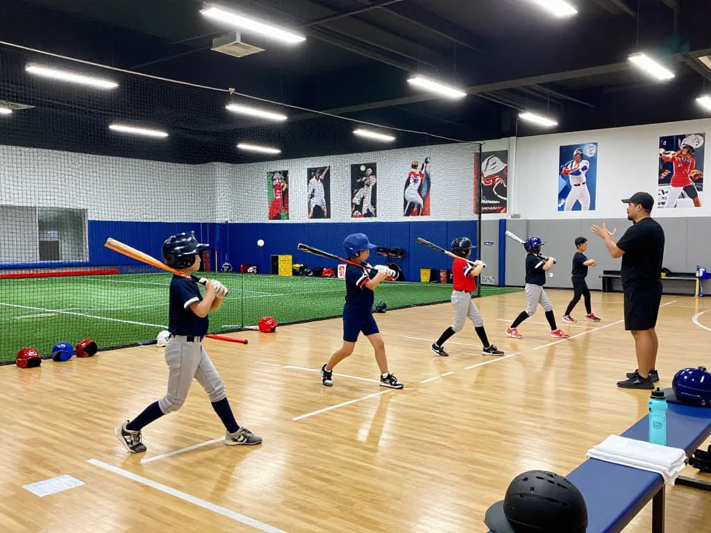 Young athletes training at hitclub baseball facility with bright lights and motivated coach.