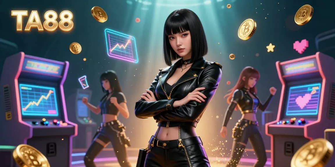 Visually engaging scene depicting TA88 with stunning Asian woman among vibrant gaming elements and cryptocurrency.