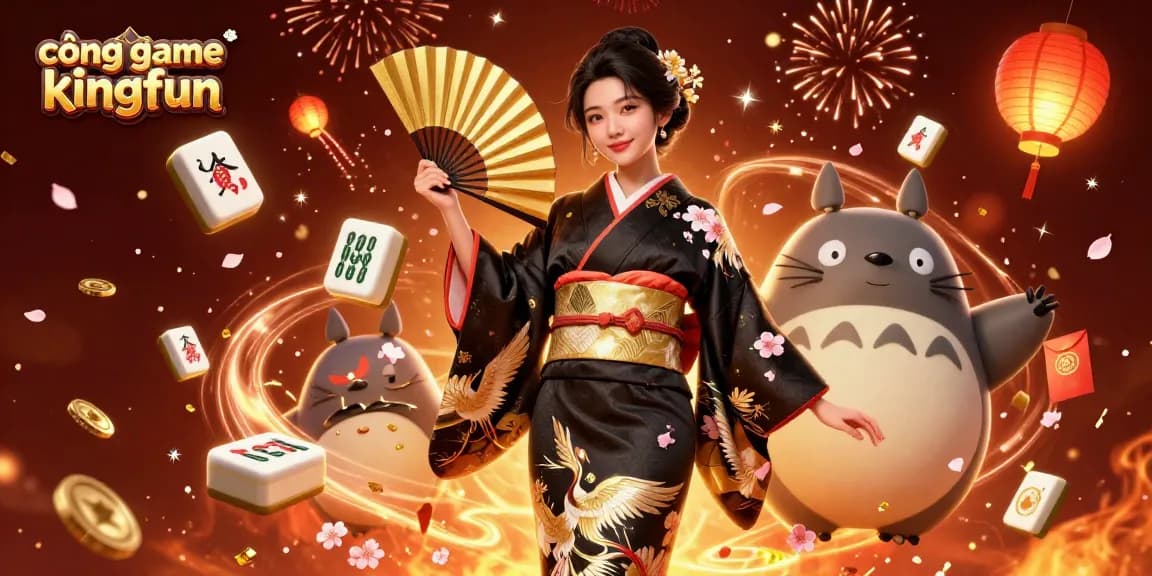 Engage in cổng game kingfun with vibrant Asian-themed digital casino art featuring floating game elements.
