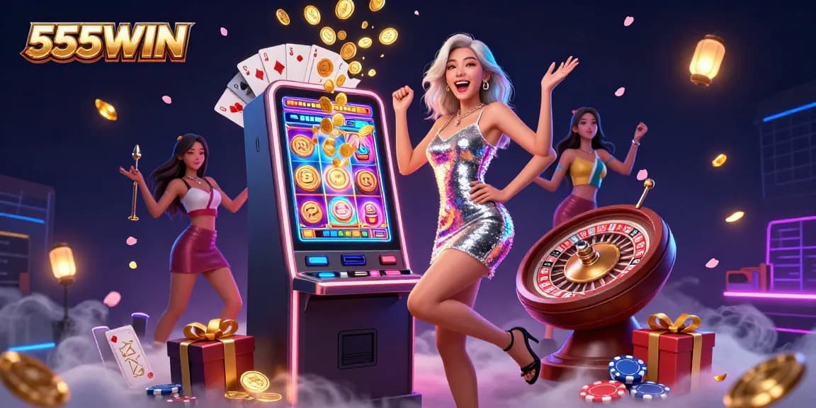Experience jackpot thrills with 555WIN as gold coins burst from slot machines in a dazzling digital casino.