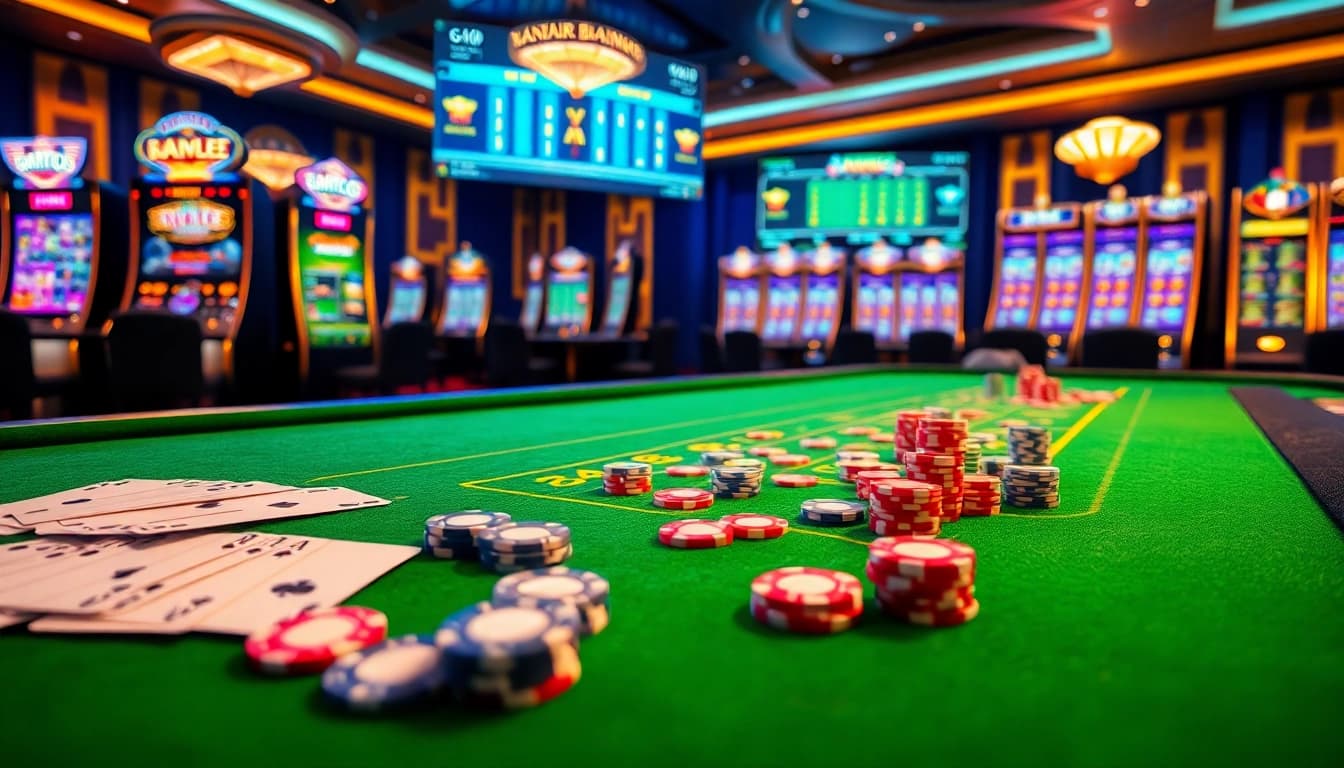 Engage with the thrilling world of mmoo com online casino showcasing vibrant slot machines, poker tables, and sophisticated gambling interface.