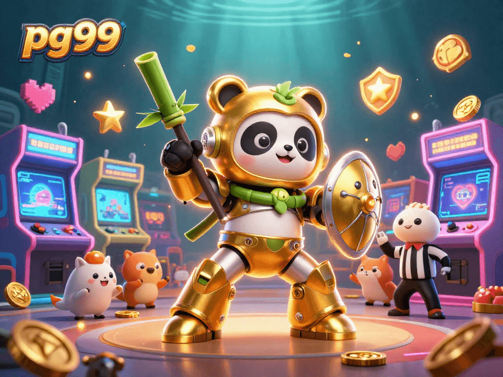 Join the excitement at pg99 with a golden panda battling in a energetic gaming arena.