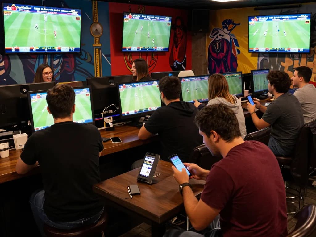 Cakhiatv users actively engaging in sports betting excitement at a lively venue.