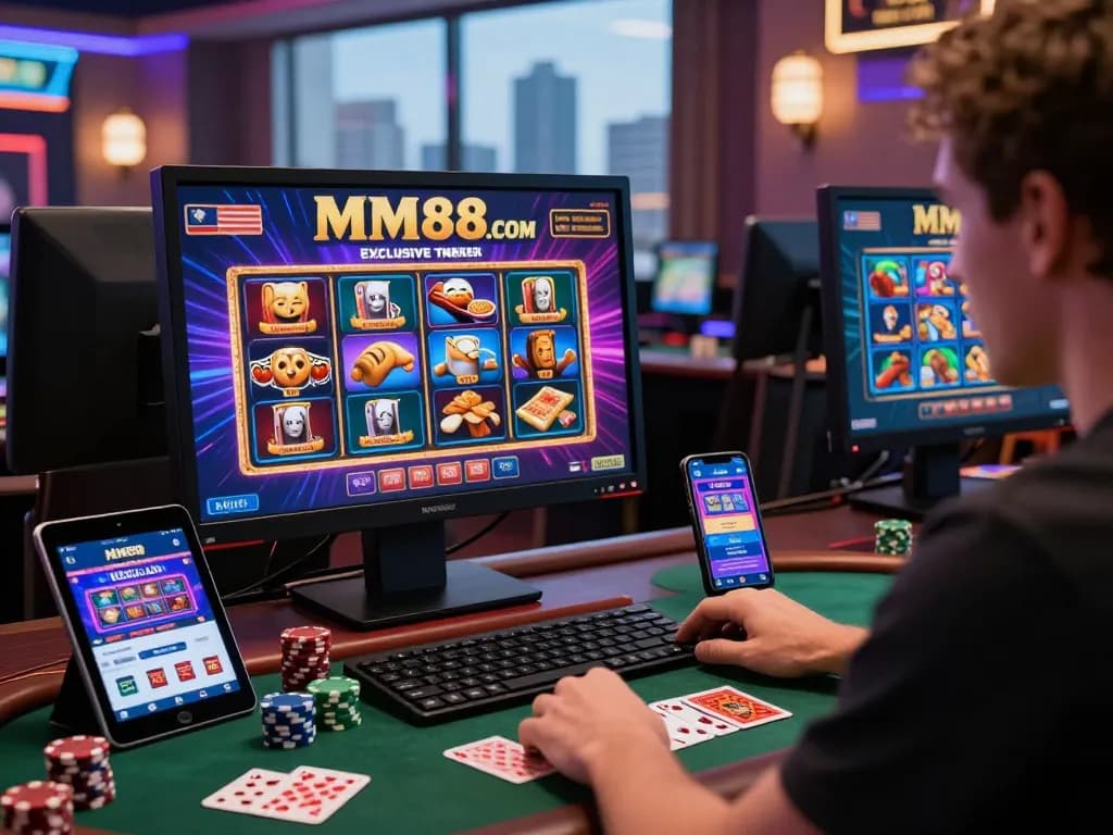 Player enjoying online gambling on MM88.COM with vibrant games and promotions.