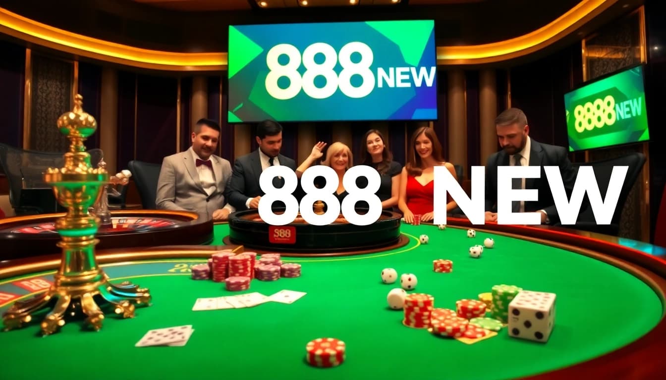 Experience thrilling gameplay at 888 NEW with poker chips and cards on a luxury table.
