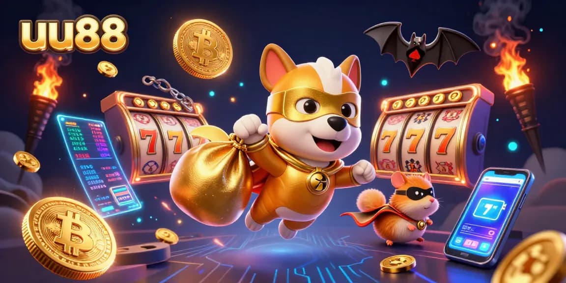Experience gaming thrills with uu88's vibrant 3D illustration of a superhero dog and hamster amidst slots and crypto.