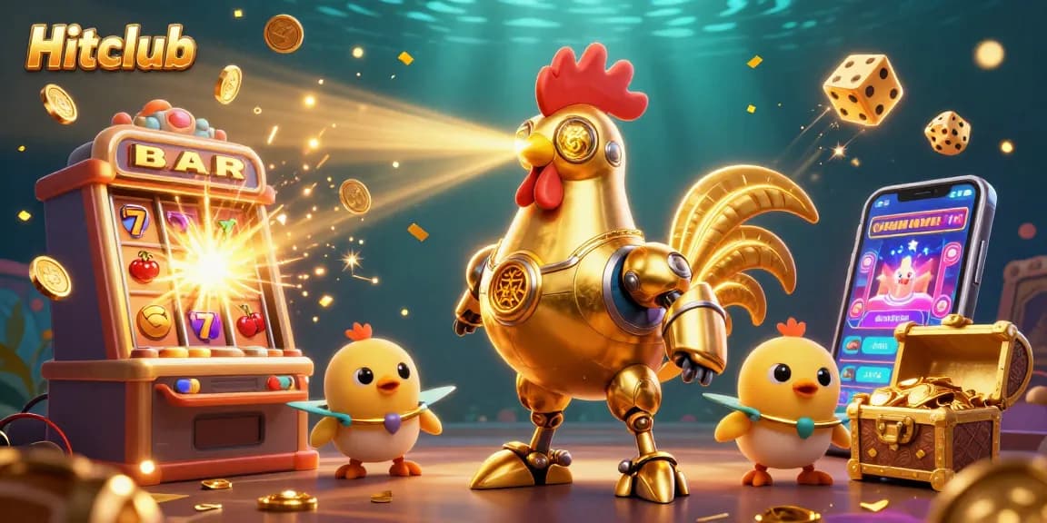 Experience Hitclub's dynamic casino games with a golden rooster robot amidst explosive jackpot visuals.