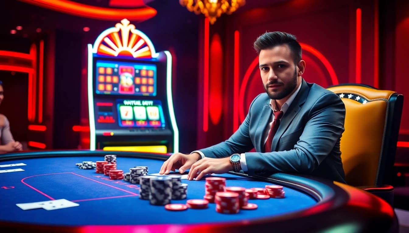WIN678 gamblers thrilled at a vibrant casino table, showcasing excitement and professionalism.