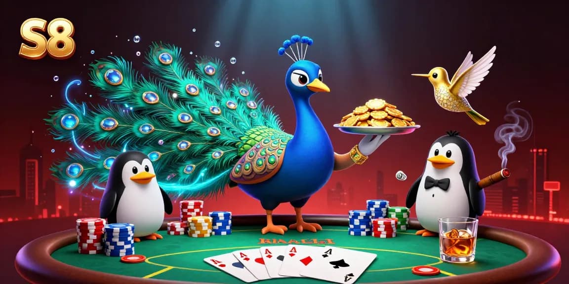Engage with S8 at this vibrant online casino scene featuring animated characters and colorful gaming elements.