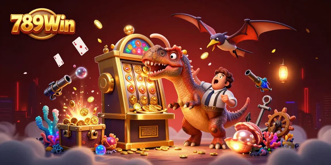 Experience the thrill of 789Win as cartoon characters engage in a jackpot excitement while coins cascade down.