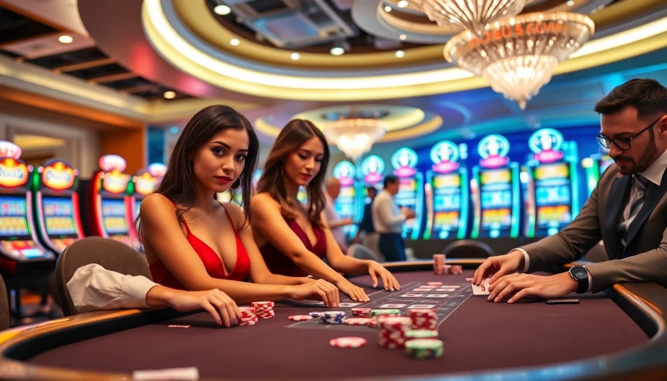High-stakes gambling action at a 8 XX poker table with lively players and vibrant casino atmosphere.