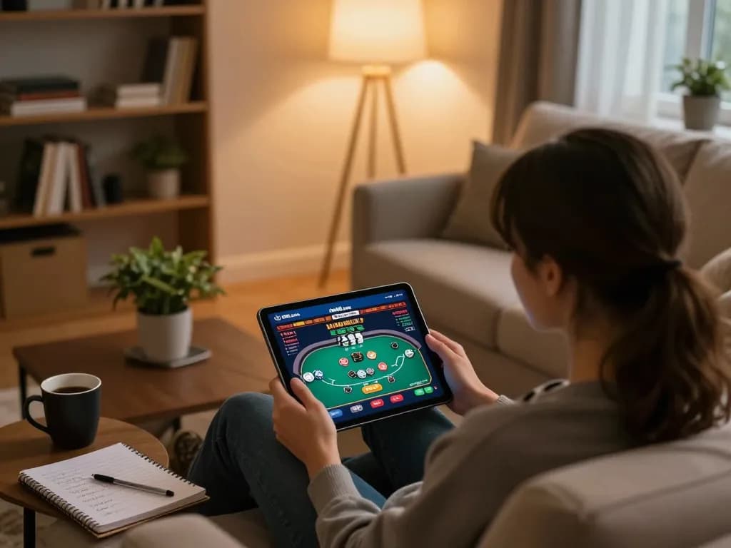Person playing poker on cm88.com casino app on tablet at home, showcasing a comfortable online gaming setup.