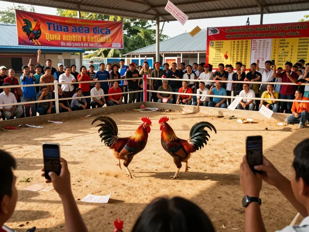 Engaging scene of đá gà trực tiếp with roosters battling in front of excited spectators