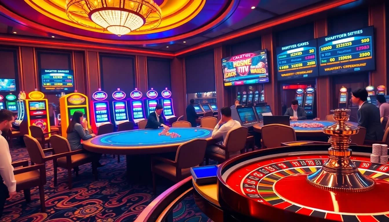 Experience the thrill of km88vip online gambling with a vibrant casino scene showcasing poker chips, roulette, and slot machines.