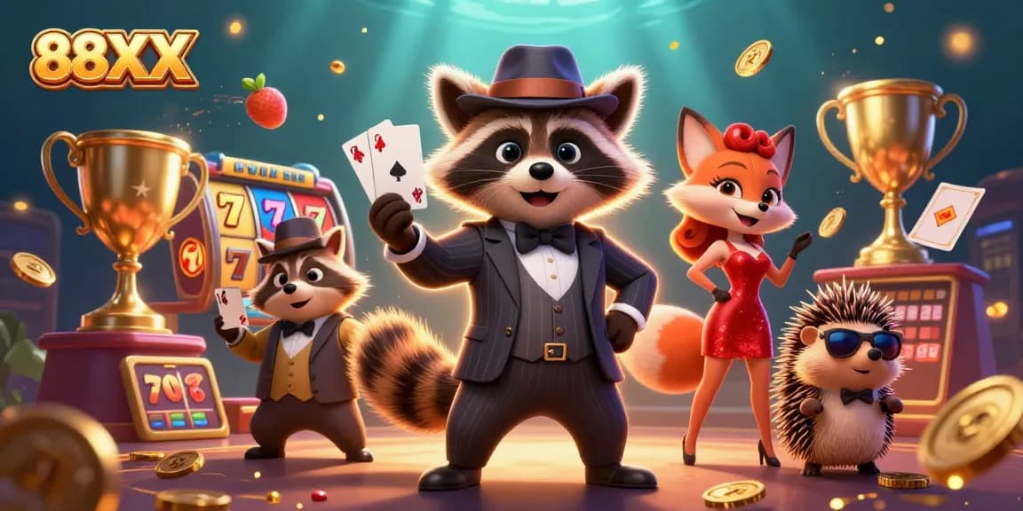 Engage with 88XX's thrilling slots in a vibrant 3D casino illustration with exciting characters and golden treasures.