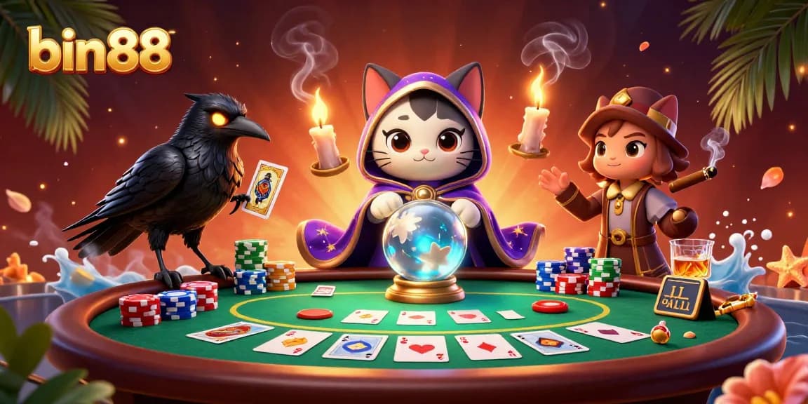Engage with bin88 poker's thrilling atmosphere, showcasing a cat fortune teller and a raven dealer illustration.