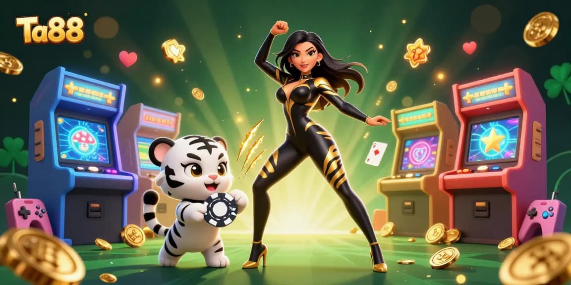 Ta88 features an energetic scene with a semi-realistic woman and a playful baby tiger among casino elements.